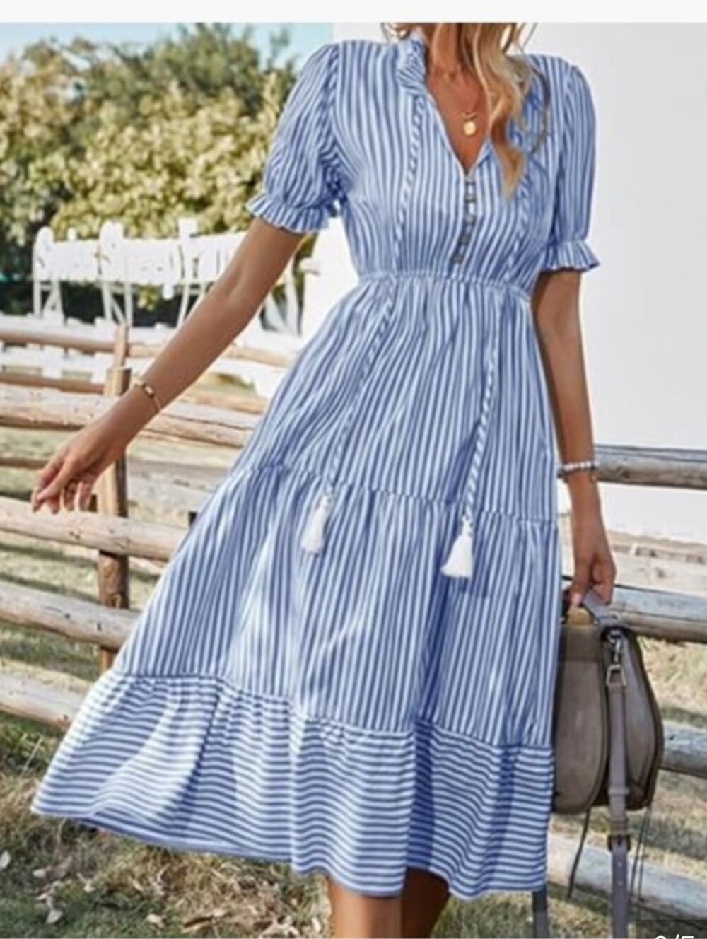 Blue and White Striped Midi Dress - Casual - Picture 2 of 4